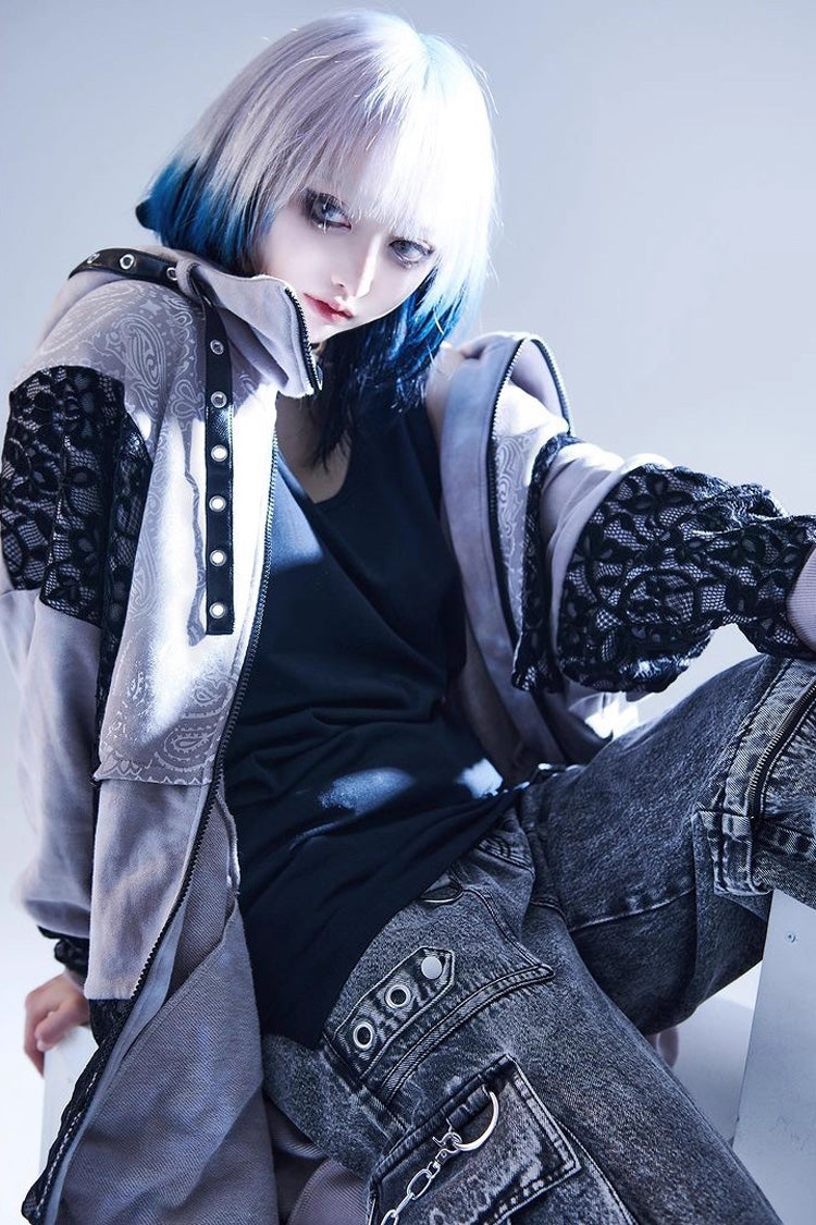 Color Blocking Long Sleeves Print Hooded Tie-dyed Zipper Jirai Kei Japanese Coat