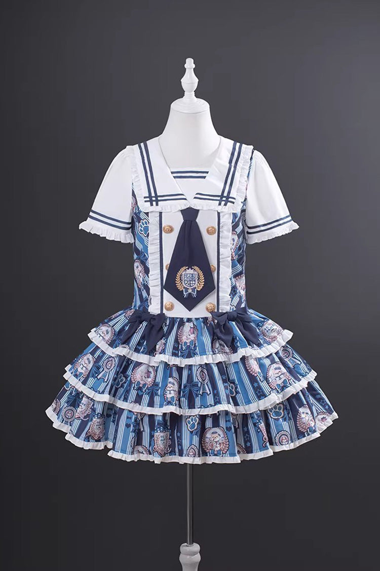 Blue [Glory of the Dog] Navy Collar Short Sleeves Low Waisted Triple-Layered Printed Ruffled Bow Sweet Lolita Dress