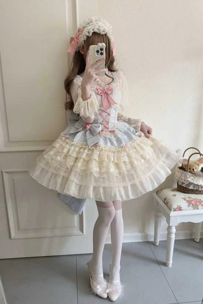 Blue [Rose Canticle] Sleeveless Multi-Layered Bowknot Lace Lace-Up Pearl Ballet Sweet Lolita Jsk Dress