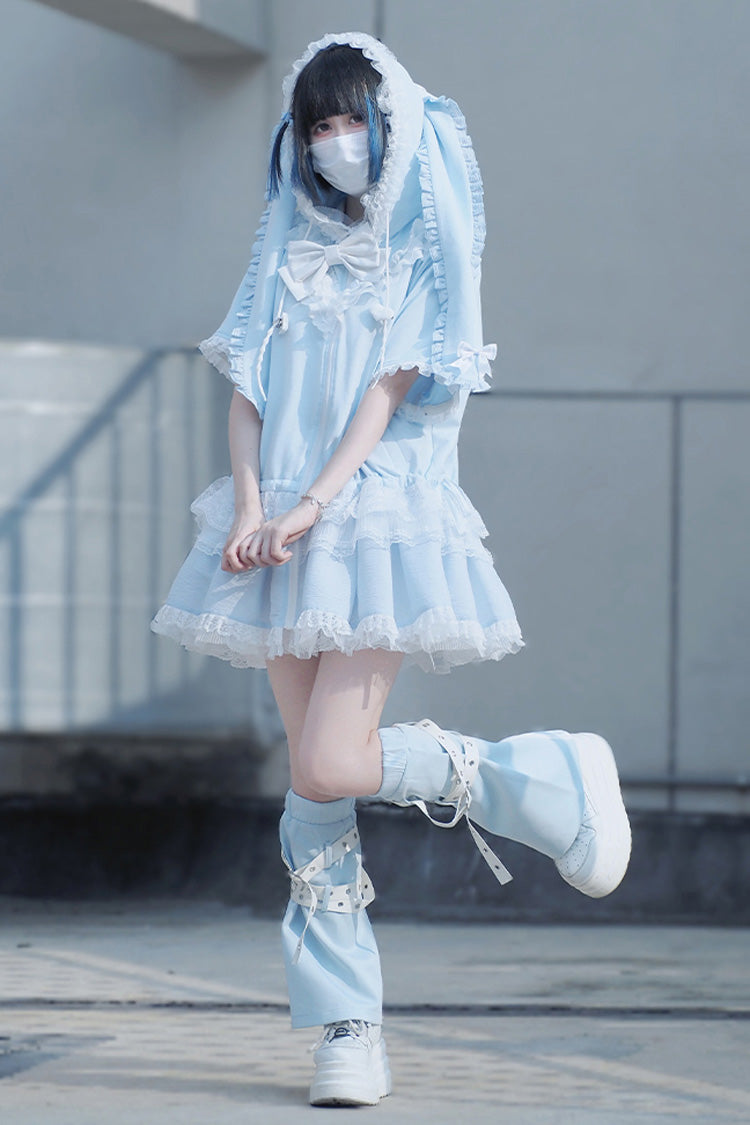 Blue Rabbit Ears Hooded Bowknot Lace Sweet Lolita Coat Set