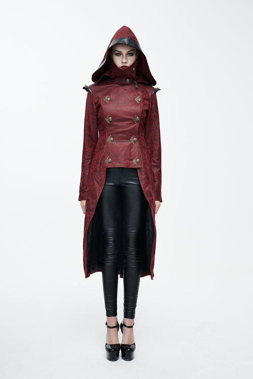 Red Short In Front And Long In Back Punk Long Leather Womens Coat