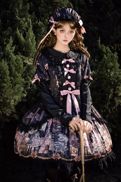 Black [The Case of the Missing Lamb] Print Long Sleeves Ruffle Bowknot Lace Gothic Lolita Dress