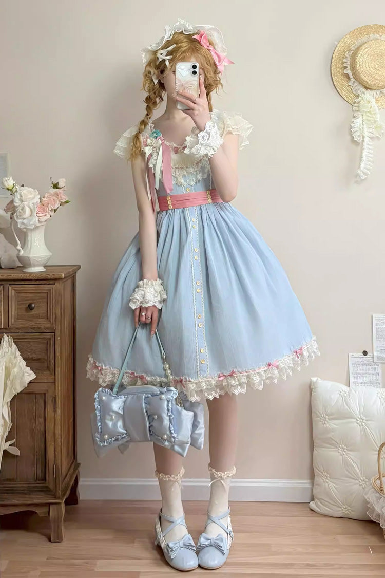 Blue [Sakura’s Spring Resonance] Sleeveless Ruffled Bow Sweet Lolita Jsk Dress (Short Version)