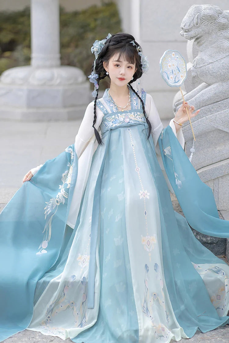 Blue Trumpet Sleeves High Waisted Print Embroidery Sweet Chinese Style Hanfu Dress Full Set