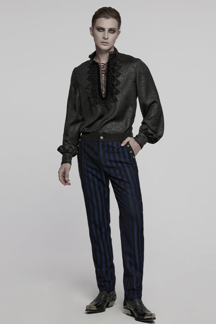 Black Stand Collar Long Sleeves Ruffle Embroidery Lace-Up Plunging Rose Men's Gothic Blouse