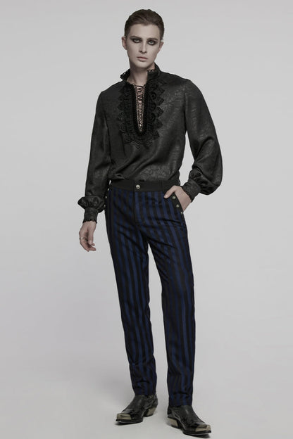 Black Stand Collar Long Sleeves Ruffle Embroidery Lace-Up Plunging Rose Men's Gothic Blouse