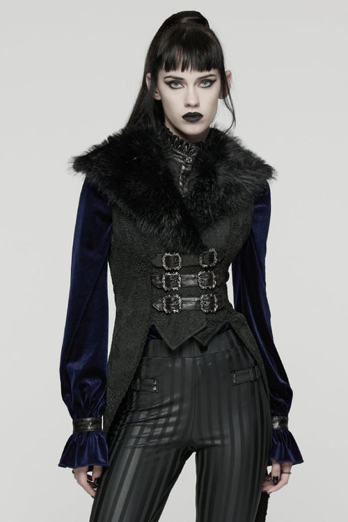 Black Sleeveless Jacquard Buckled Swallow-tailed Women's Gothic Vest