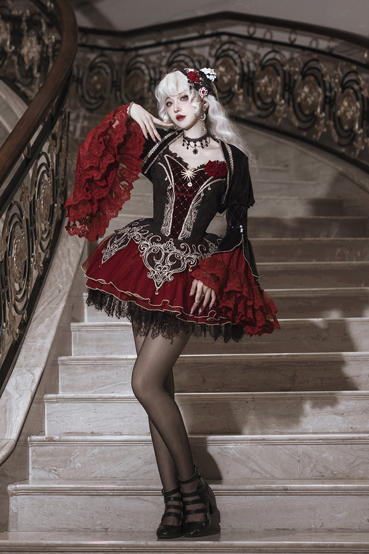Black/Red [Blood Clan Feast] Ruffle Embroidery Lace Gothic Lolita Jsk Dress Set
