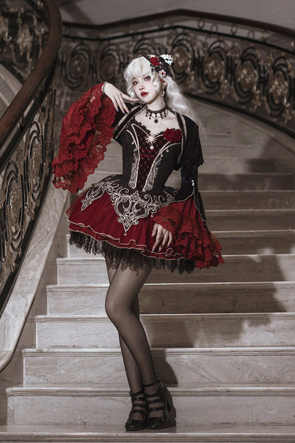 Black/Red [Blood Clan Feast] Ruffle Embroidery Lace Gothic Lolita Jsk Dress Set