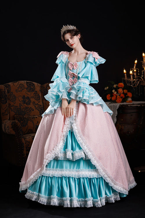Blue/Pink Square Collar Long Trumpet Sleeves Triple-Layered Ruffled Open-Front Bow Classic Vintage Palace Lolita Victorian Dress