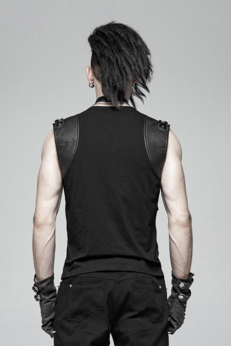 Black Sleeveless Metal Buckles Hollow Faux Leather Men's Steampunk Vest