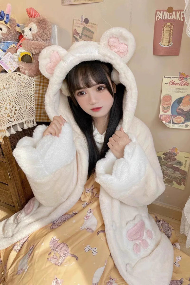 [Sleepy Bear] Long Sleeves Plush Thickened Hooded Sweet Lolita Coat 2 Colors