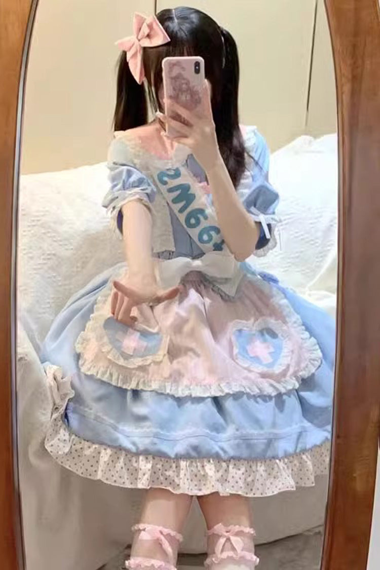 Blue Short Sleeves Love Redemption Print Ruffle Bowknot Lolita Dress