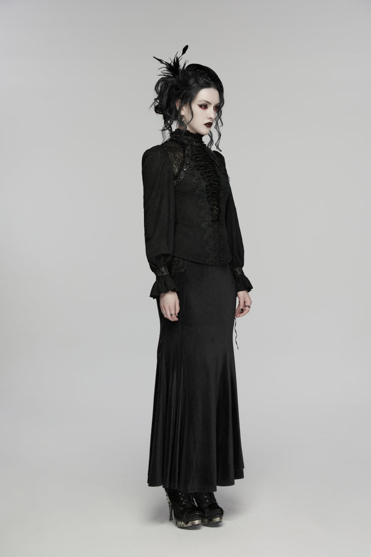 Black Stand Collar Long Sleeves Lace Lace-Up Slim Women's Gothic Blouse