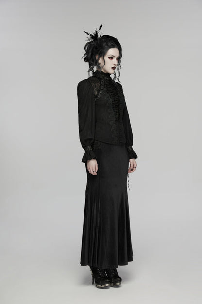 Black Stand Collar Long Sleeves Lace Lace-Up Slim Women's Gothic Blouse