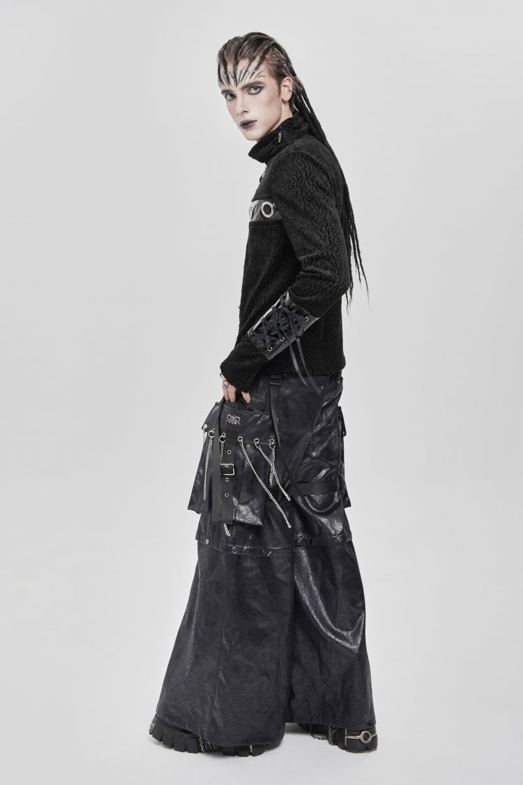 Black Stand Collar Long Sleeves Faux Leather Stitching Chain Eyelet Men's Punk Blouse