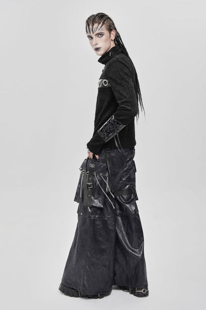 Black Stand Collar Long Sleeves Faux Leather Stitching Chain Eyelet Men's Punk Blouse
