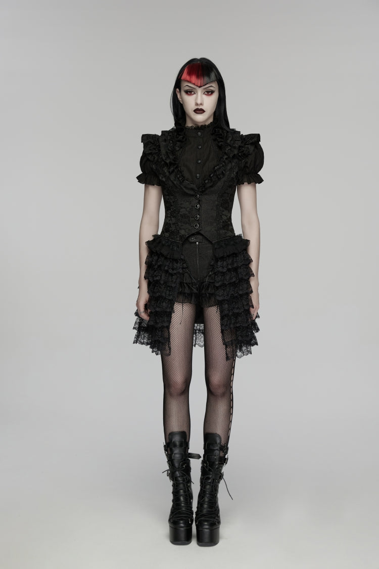 Black V Collar Short Sleeves High Waisted Jacquard Ruffled Cut-Out Embroidered Lace Slim Women's Gothic Vest
