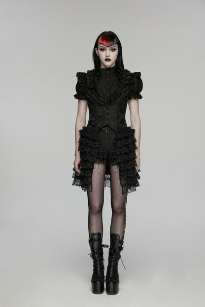 Black V Collar Short Sleeves High Waisted Jacquard Ruffled Cut-Out Embroidered Lace Slim Women's Gothic Vest