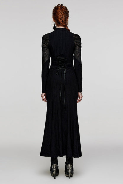 Black Stand Collar Snake Print Stitching Lace-Up Mesh Women's Gothic Dress