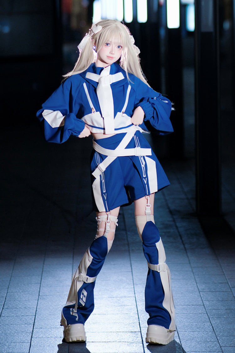 White/Blue [Zero-Type Transformation] Techwear Long Sleeves Embroidered Hooded Punk Jirai Kei Shorts Coat Set