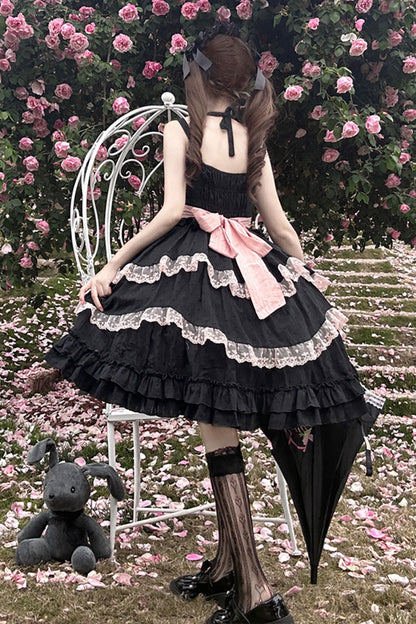 Black [Miss Pearl] Sleeveless Double-Layered Bowknot Lace Lace-Up Sweet Lolita Jsk Dress