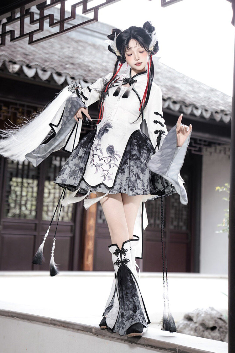Black/White [Magpie Feather] Stand Collar Shorty High Waisted Printed Embroidered Women's Classic Hanfu Dress Set