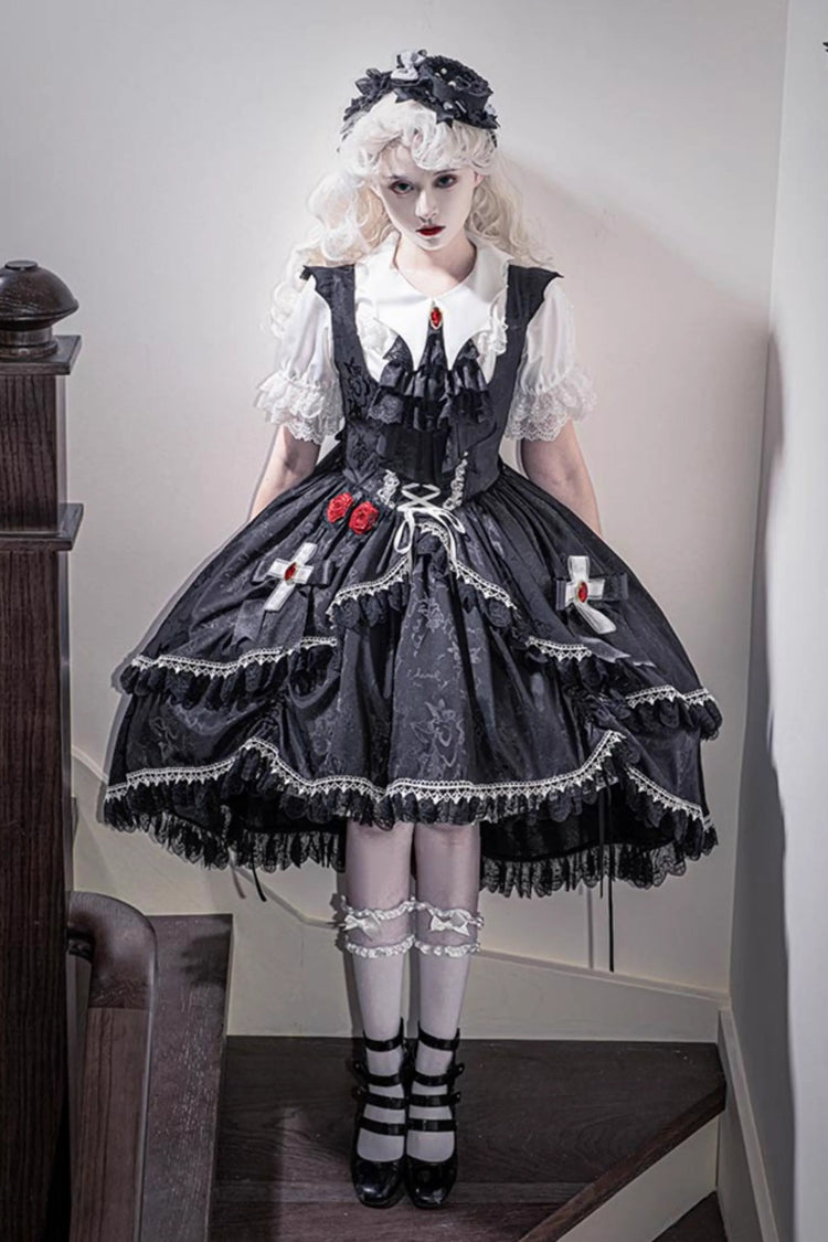 Black [Night Rose] Ruffle Bowknot Lace-Up Short Front and Long Back Gothic Gorgeous Lolita Jsk Dress