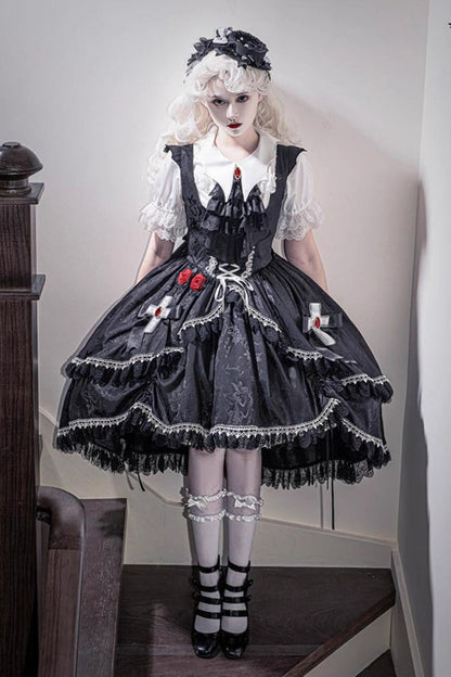 Black [Night Rose] Ruffle Bowknot Lace-Up Short Front and Long Back Gothic Gorgeous Lolita Jsk Dress