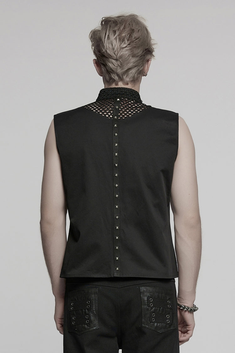 Black Stand Collar Stitching Mesh Men's Punk Vest