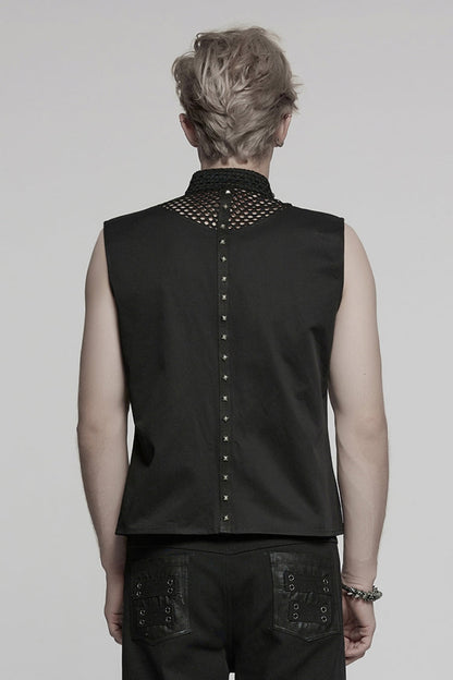 Black Stand Collar Stitching Mesh Men's Punk Vest