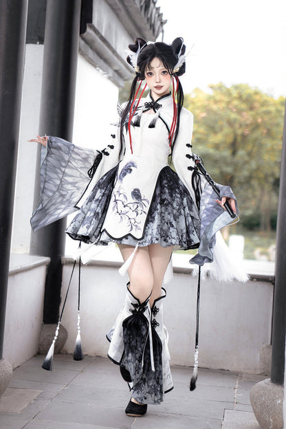 Black/White [Magpie Feather] Stand Collar Shorty High Waisted Printed Embroidered Women's Classic Hanfu Dress Set