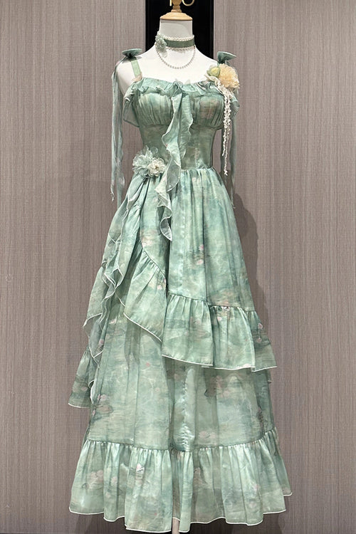 Green [Forest Garden] Print Ruffle Bowknot Sweet Lolita Jsk Long Dress
