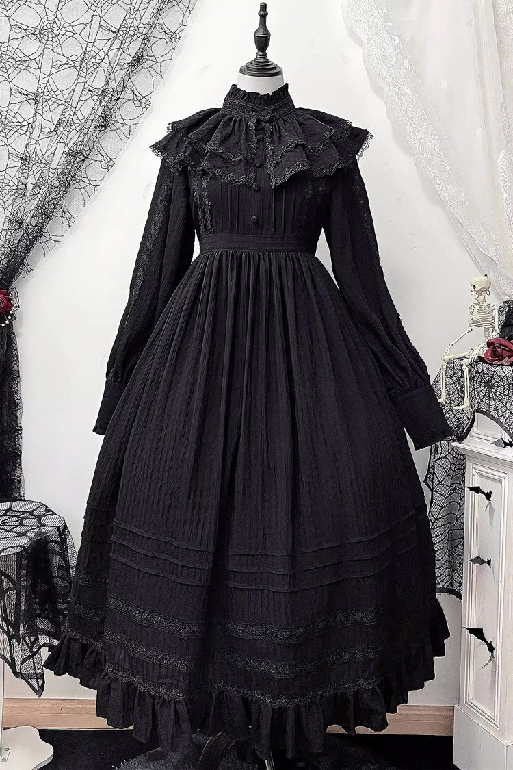 Black [Quiet Place] Long Sleeves Jacquard Ruffle Embroidery Bowknot Gothic Lolita Dress