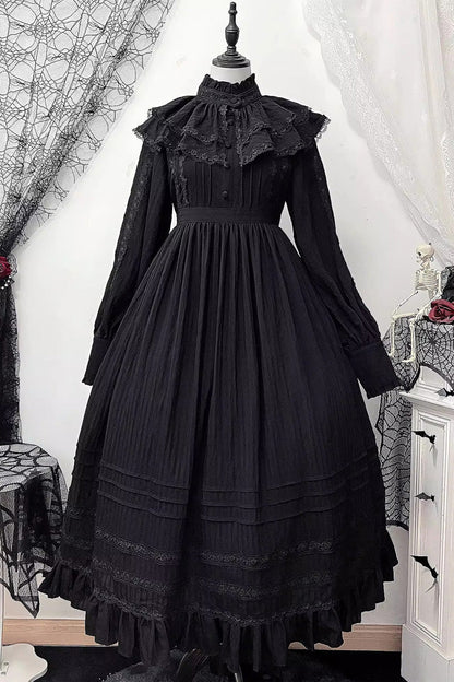 Black [Quiet Place] Long Sleeves Jacquard Ruffle Embroidery Bowknot Gothic Lolita Dress