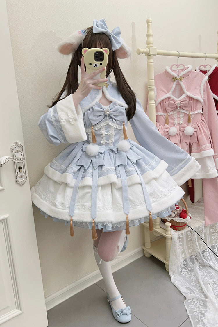Blue [Snow Rabbit] Long Sleeves Ruffle Bowknot Fake Two Pieces Sweet Lolita Dress