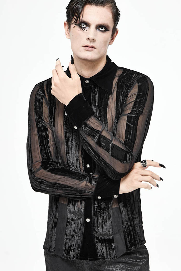 Black Striped Velvet Fold Mushroom Metal Buckles Long Sleeve Irregular Men's Gothic Shirt