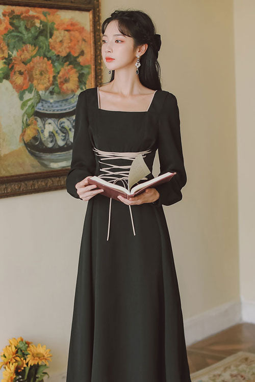 Black Solid European Manor Square Collar Long Sleeves High Waisted Classic Lolita OP Dress