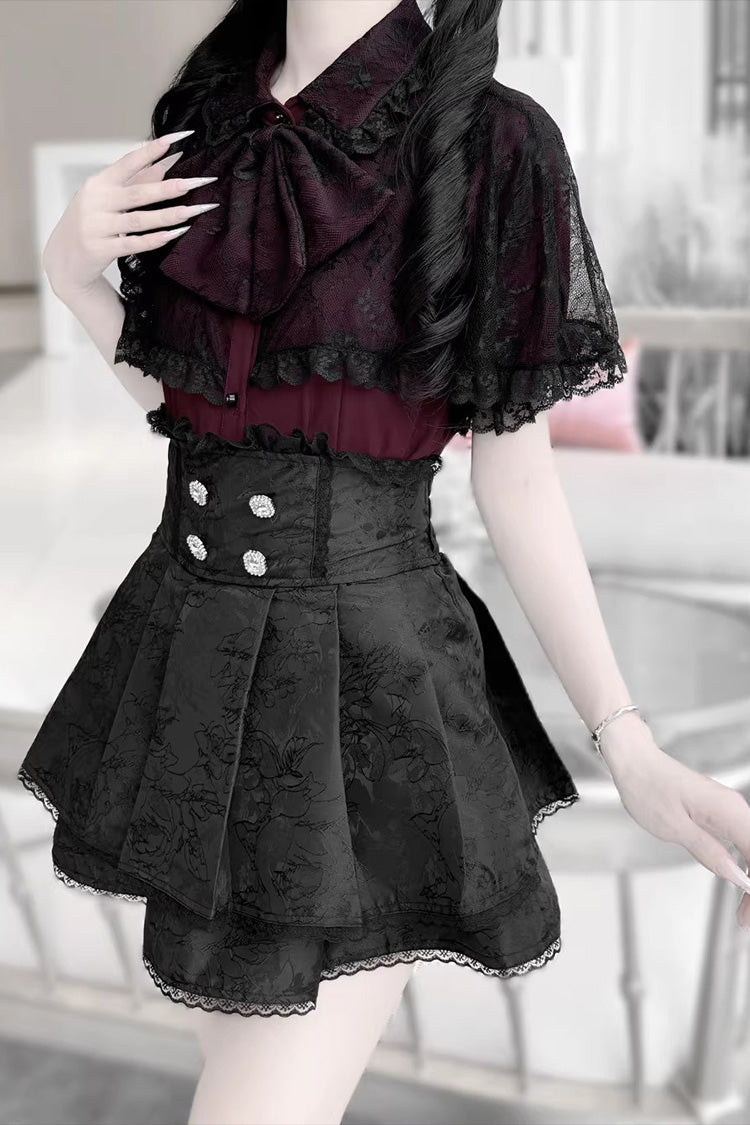 [Dark Moon Shadow] Short Sleeves Double-Layered Ruffled Embroidered Bow Lace-Up Gothic Jirai Kei Lolita Top + Skirt Set