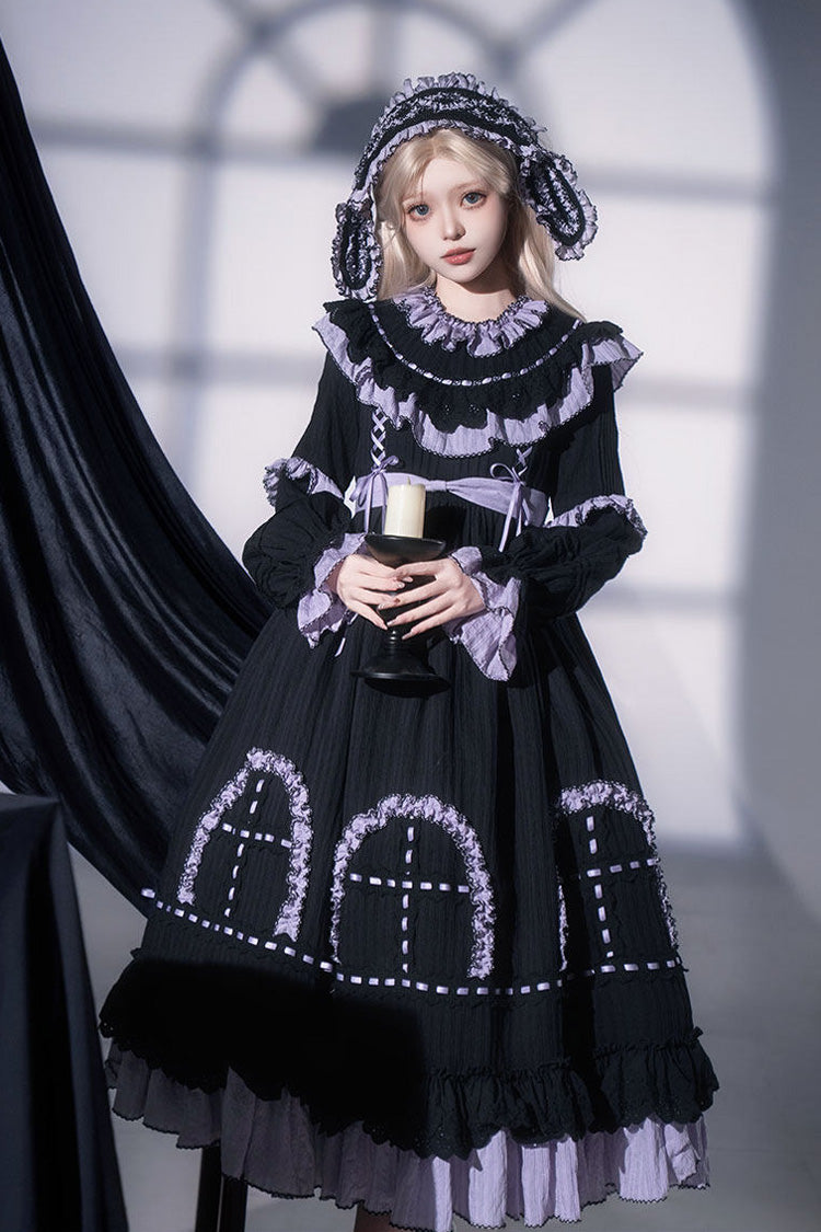 Black [Twin Lilian] Round Collar Long Sleeves Double-Layered Ruffled Bow Lace-Up Gothic Lolita Dress