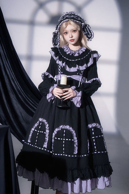 Black [Twin Lilian] Round Collar Long Sleeves Double-Layered Ruffled Bow Lace-Up Gothic Lolita Dress