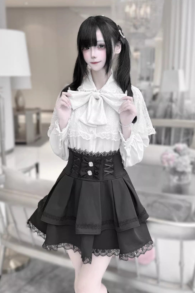 [Dark Moon Shadow] Long Sleeves Double-Layered Ruffled Embroidered Bow Lace-Up Gothic Jirai Kei Lolita Top + Skirt Set