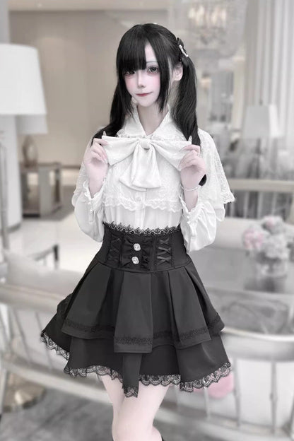 [Dark Moon Shadow] Long Sleeves Double-Layered Ruffled Embroidered Bow Lace-Up Gothic Jirai Kei Lolita Top + Skirt Set