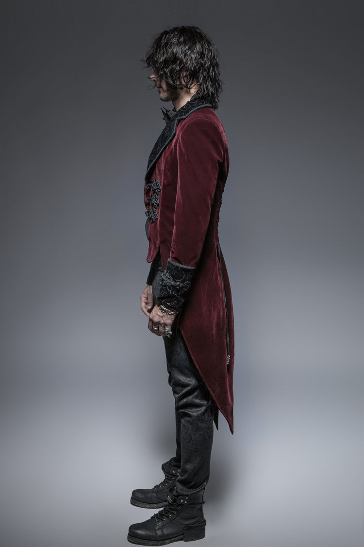 Red Embroidery Swallowtail Hem Mens Gothic Victorian Coat