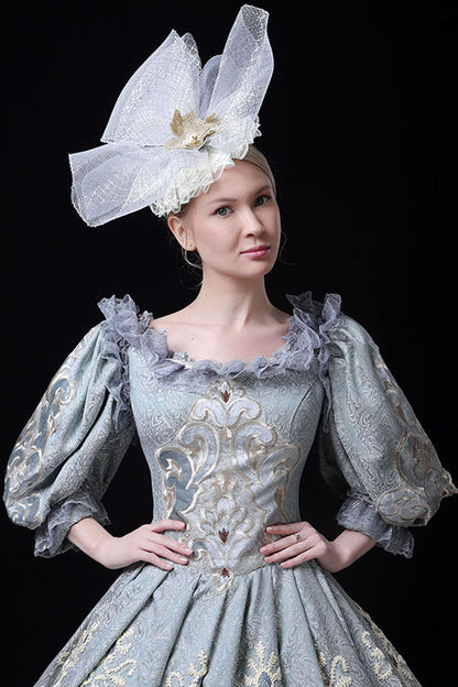 Blue Boat Neck Half Sleeves High Waisted Hollow Embroidery Floral Print Victorian Lolita Prom Dress