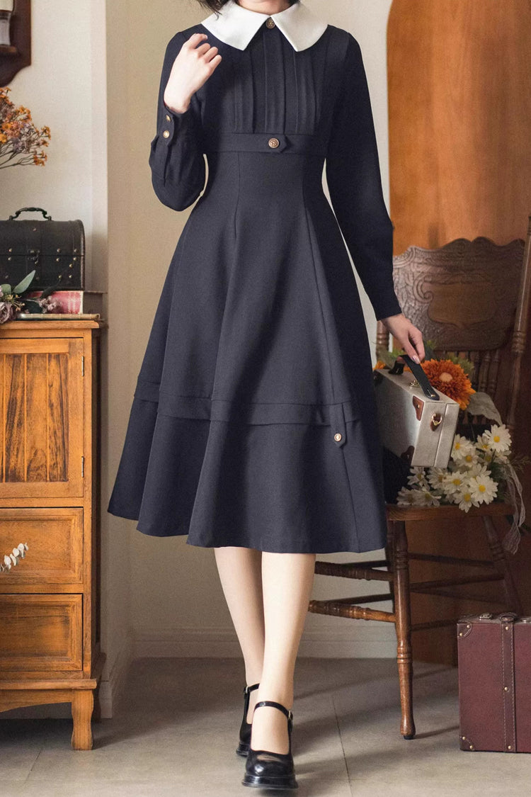 Black [Forest Antique Trunk] Lapel Collar Long Sleeves Classic Vintage Elegant Lolita Dress