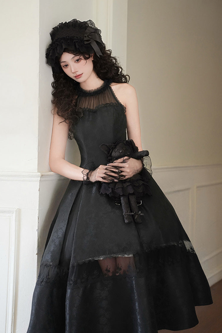 Black [Flowers in the Mist] Off Shoulder Halterneck Print Ruffle Gothic Elegant Lolita Dress