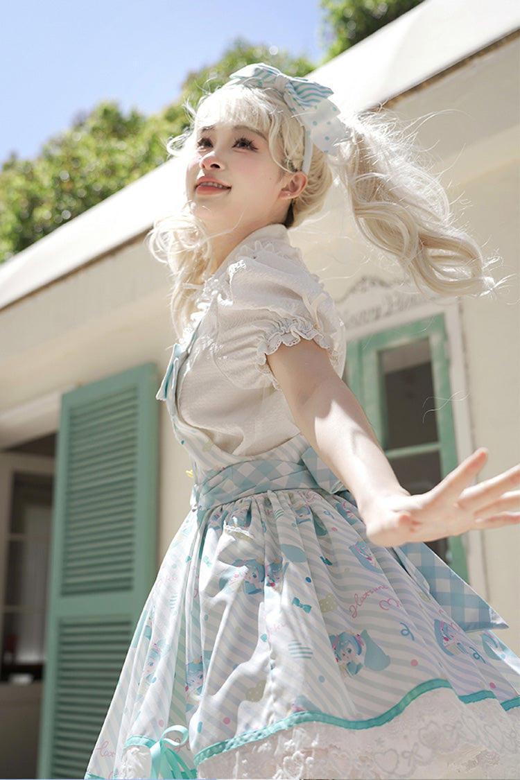 Blue [Hatsune Miku] Sleeveless Print Bowknot Lace Sweet Lolita Strap Jumper Dress