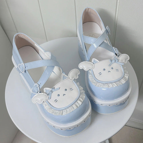 Cat Design Ruffled Cross Strap Round-Toe Daily Sweet Lolita Platform Shoes 4 Colors