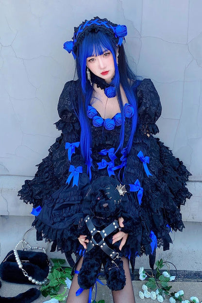 Black/Blue Puff Short Sleeves Princess Gothic Lolita Tiered Dress